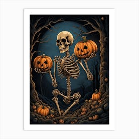 Halloween Skeleton Holding Pumpkins Art Print