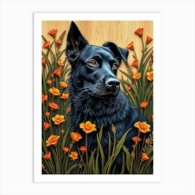 Black Labrador in Flowers Art Print