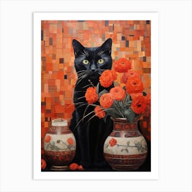 Black Cat With Orange Roses Art Print