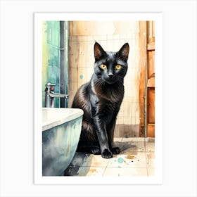 Black Cat In Bathroom 1 Art Print