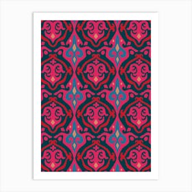 JAVA Boho Ikat Woven Texture Style in Exotic Red Pink Blue on Dark Teal Blue Art Print