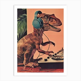 Retro Collage Dinosaur Listening To Music With Headphones 4 Art Print