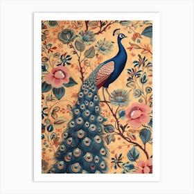 Mustard Blue Floral Peacock Wallpaper Art Print