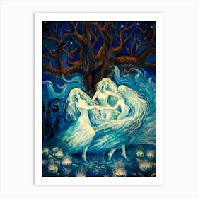 The Samodivas - Vintage Ladies Witches Nymphs Dancing in the Forest Moonlight Lotus Lillies Beautiful Women Witchcraft Russian Slavic Folklore Art Print