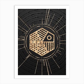 Geometric Glyph Symbol in Gold with Radial Array Lines on Dark Gray n.0248 Art Print