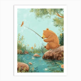 Brown Bear Fishing In A Stream Storybook Illustration 2 Art Print