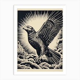 B&W Bird Linocut Red Tailed Hawk 4 Art Print