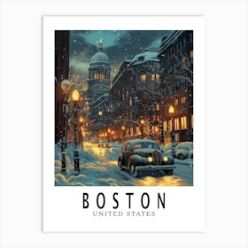 Boston in Winter Night Travel Poster Art Print