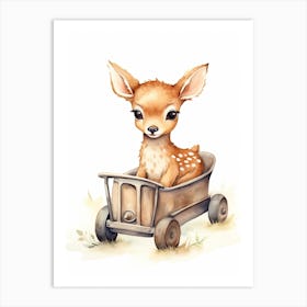 Baby Deer On Toy Car, Watercolour Nursery 0 Art Print