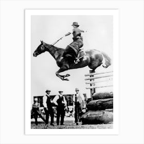 Horse Jumping Over Fence, Western Aesthetic, Vintage Black and White Old Photo 1 Art Print