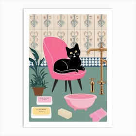 Black Cat In Pink Chair Art Print