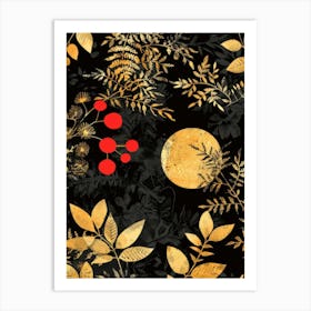 Gold Leaves On Black Background 7 Art Print