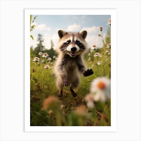 Cute Funny Cozumel Raccoon Running On A Field Wild 3 Art Print
