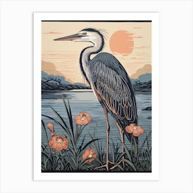 Vintage Bird Linocut Great Blue Heron 5 Art Print