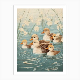 Ducklings Japanese Woodblock Style 2 Art Print