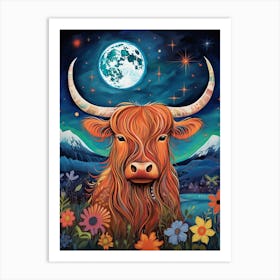 Portrait Of Highland Cow Under The Moon Art Print