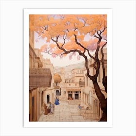 Rhodes Greece 1 Vintage Pink Travel Illustration Art Print