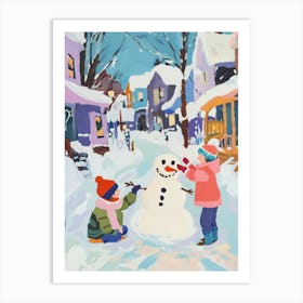 Children Playing With a Snowman Gouache Painting Art Print