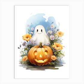 Cute Ghost With Pumpkins Halloween Watercolour 105 Art Print