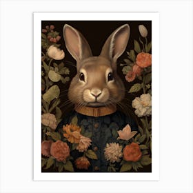 Rabbit Portrait With Rustic Flowers 1 Art Print