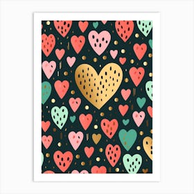 Gold & Coral Heart Dotty Pattern Art Print