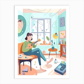 Girl Playing Ukulele In The Living Room Art Print