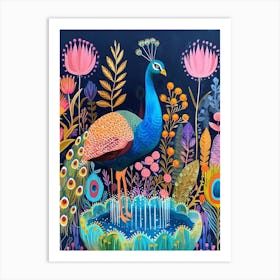 Folky Peacock In The Fountain Art Print