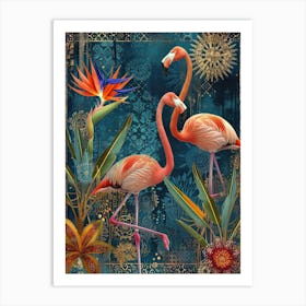 Greater Flamingo And Bird Of Paradise Boho Print 1 Art Print