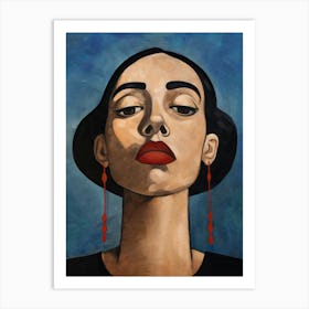 Woman With Earrings on a Blue Background Art Print