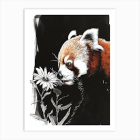 Red Panda Sniffing A Flower Ink Illustration 1 Art Print