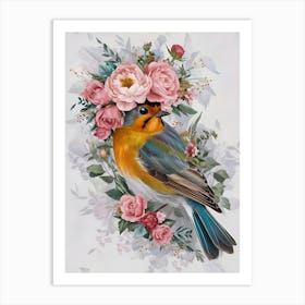 Bird With A Flower Crown European Robin 2 Art Print