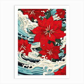 Great Wave With Poinsettia Flower Drawing In The Style Of Ukiyo E 1 Art Print