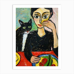 Portrait Of A Woman With Cats Having Lunch Art Print