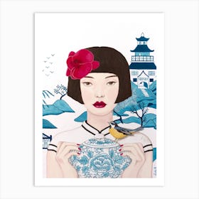 Chinese Woman With Chinoiserie Pot And Bird Art Print