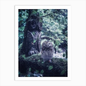 Baby Owl And Wood Totem Art Print