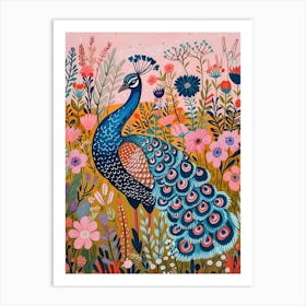 Floral Folky Peacock In The Meadow 2 Art Print