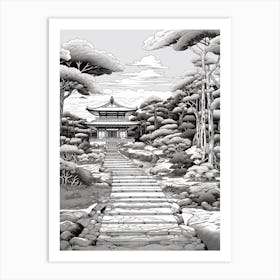 Ise Grand Shrine In Mie, Ukiyo E Black And White Line Art Drawing 2 Art Print