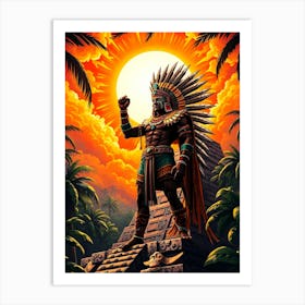 Aztec Warrior On Pyramid Art Print