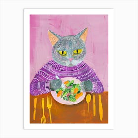 Blue Cat Eating Salad Folk Illustration 2 Art Print