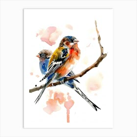 Watercolor Birds Sitting On A Branch Art Print