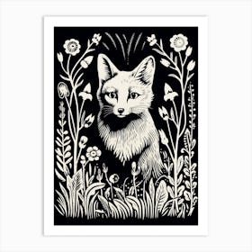 Linocut Fox Illustration Black 12 Art Print
