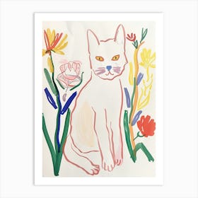 Cute White Cat With Flowers Illustration 2 Art Print