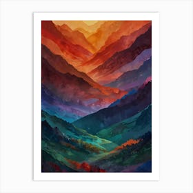 A breathtaking abstract landscape featuring layered mountains in vibrant hues of red, orange, and purple, transitioning into deep blues and greens. Art Print