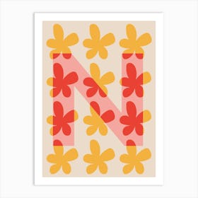 Alphabet Flower Letter N Print - Pink, Yellow, Red Art Print
