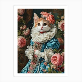 Rococo Style Painting Of Cat In Blue Royal Dress 1 Art Print
