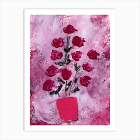 Red Flowers On Red - contemporary modern vertical magenta pink floral living room bedroom Art Print