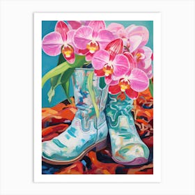 Oil Painting Of Pink And Red Flowers And Cowboy Boots, Oil Style 2 Art Print