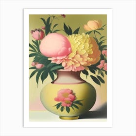 Vase Of Colourful Peonies Pink And Yellow 2 Vintage Sketch Art Print