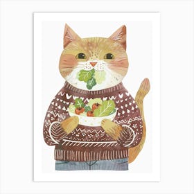 Brown Cat Eating Salad Folk Illustration 1 Art Print