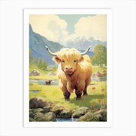 Sweet Blonde Highland Cow In The Valley Art Print
